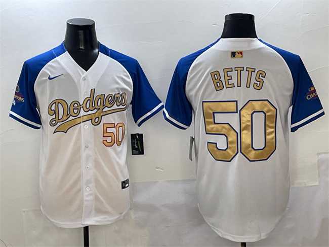 Men%27s Los Angeles Dodgers #50 Mookie Betts White Royal Gold 2024 World Series Champions Vapor Limited Stitched Jersey